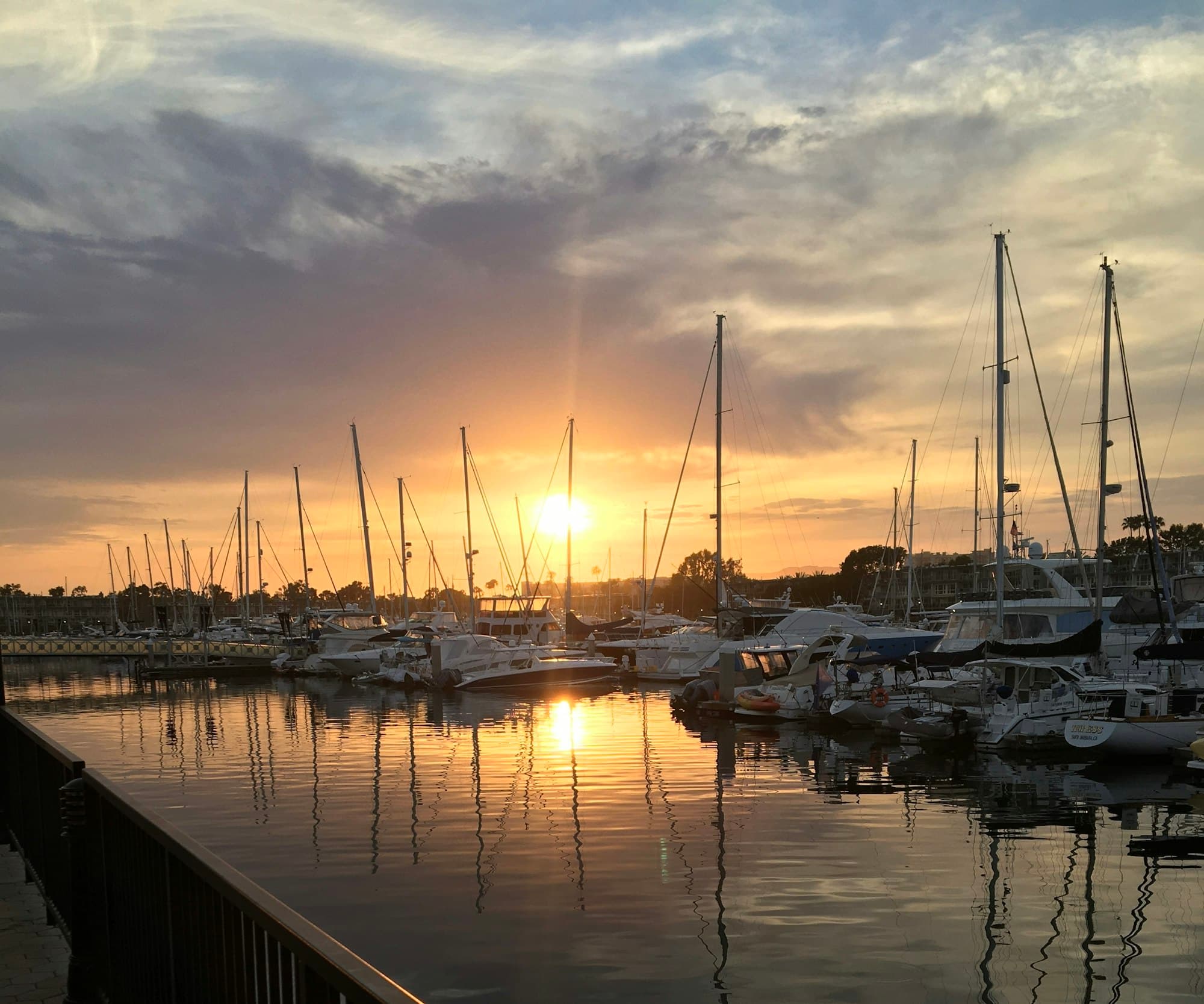 A marina at dusk, masts against a low sun